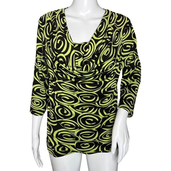 Prima Bella Shirt Women Medium Black Green Swirls Casual Office Slinky‎ Artsy - Picture 1 of 7